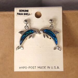 Vintage Paua Shell 970 Silver Made in USA Hypo-Post Dangle Dolphin Earrings NWT